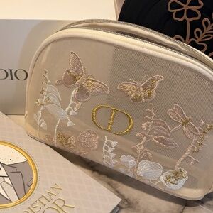 Christian Dior Embroidered Mesh Butterfly Pouch Ivory Gold CD Zip NEW